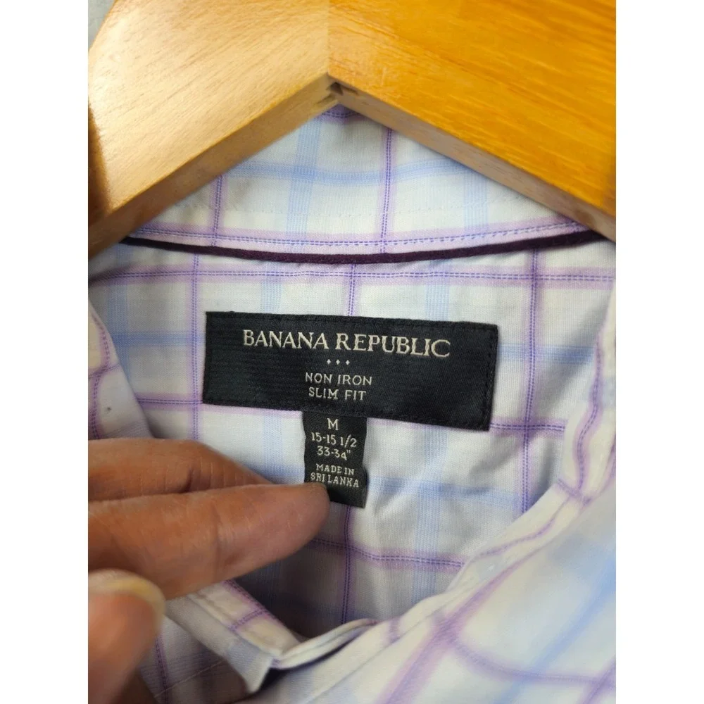 Banana Republic Slim Fit Cotton Purple Blue White Gingham Plaid Shirt Men Medium